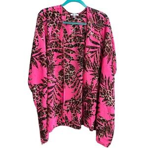 White Birch Womens 2X Pink Tropical Leopard Palm Leaf Open Front Kimono Wrap